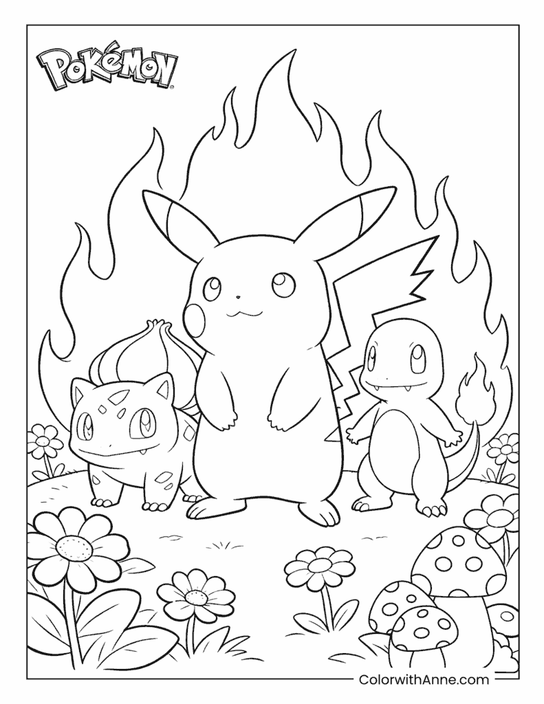 Pikachu, Bulbasaur, and Charmander Pokémon Coloring Page
