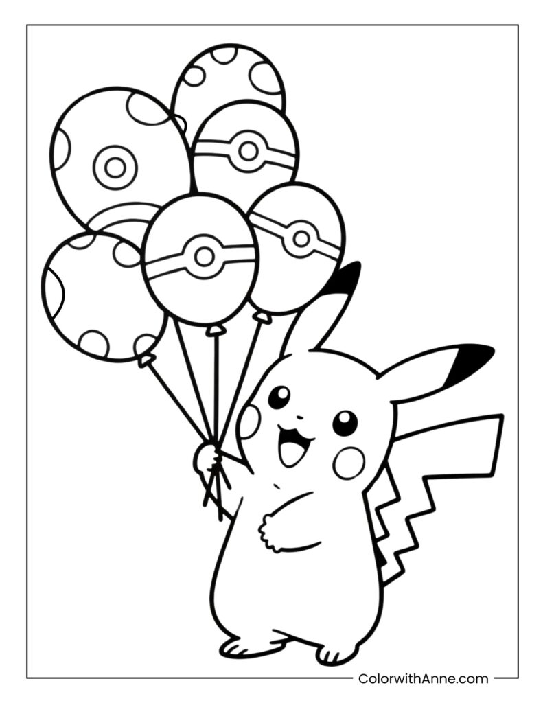 Pikachu and Balloons Coloring Page