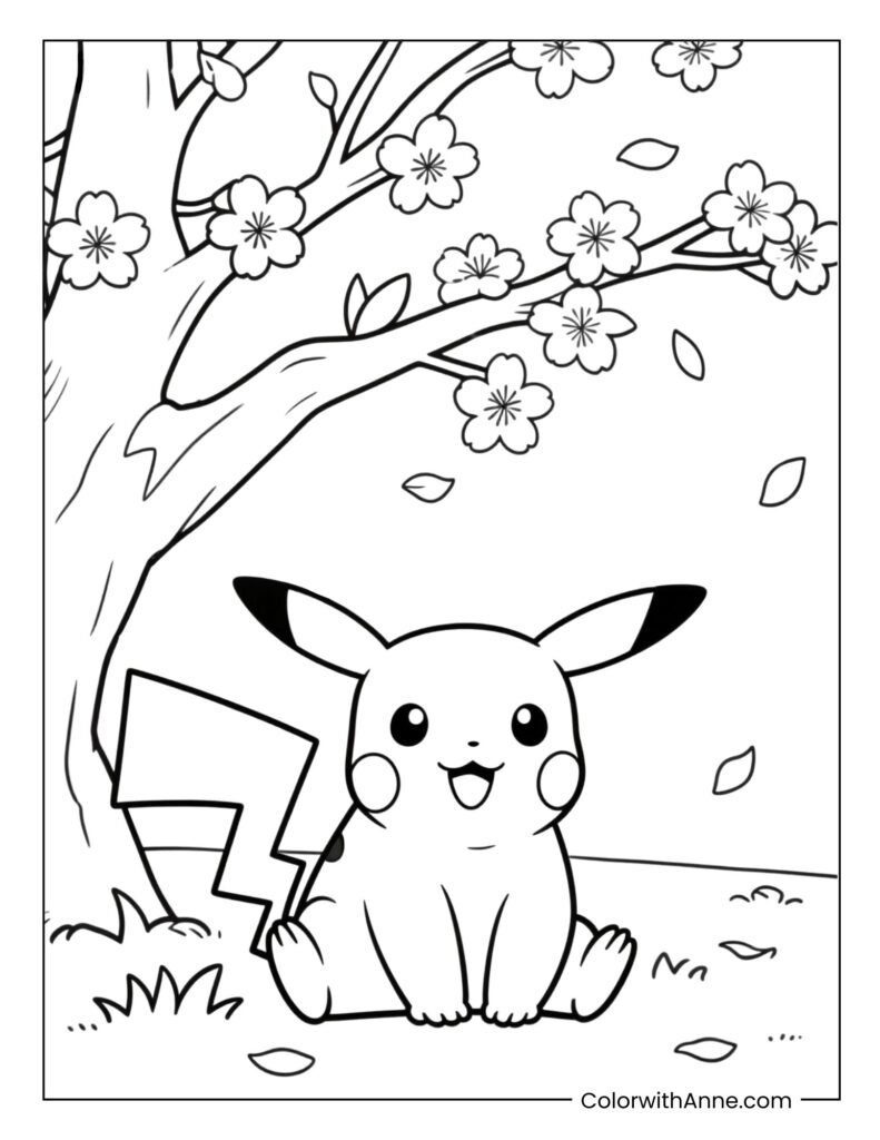 Pikachu and Cherry Blossom Garden Coloring Page