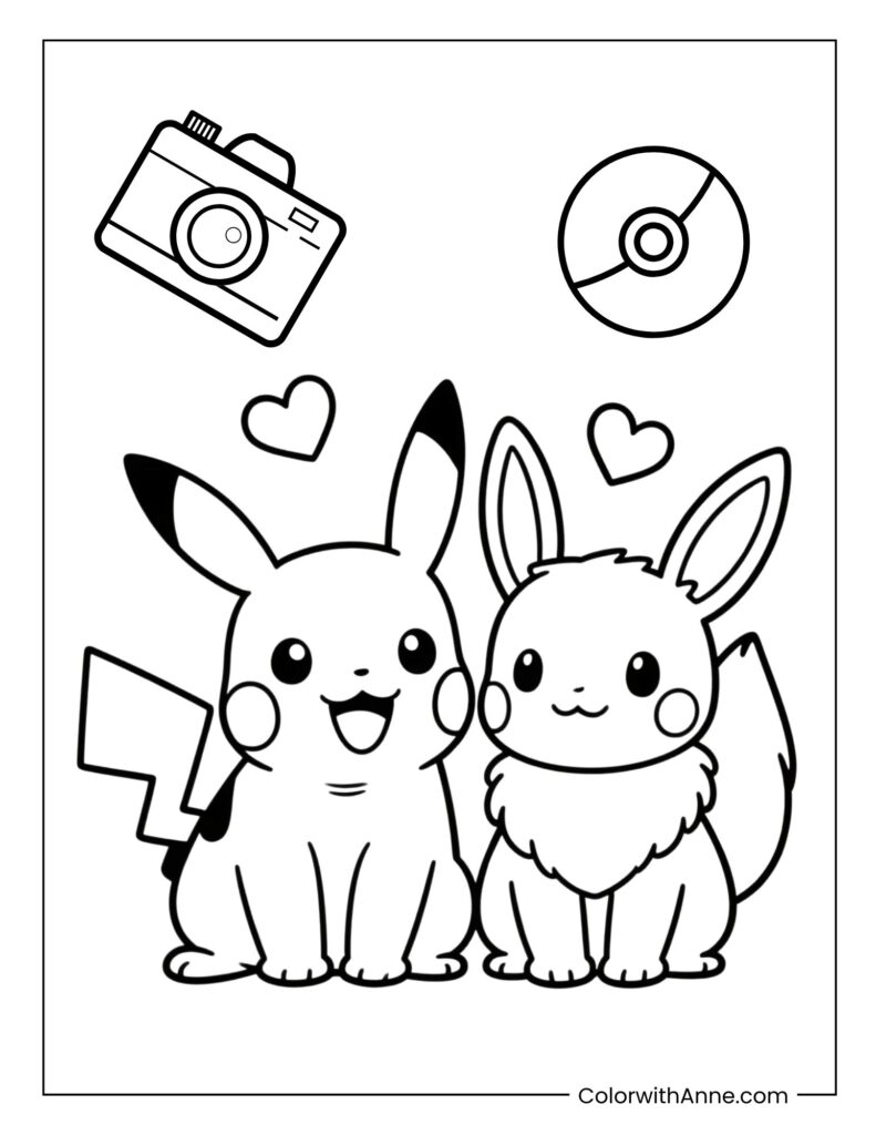 Pikachu and Eevee Best Friends Forever Coloring Page