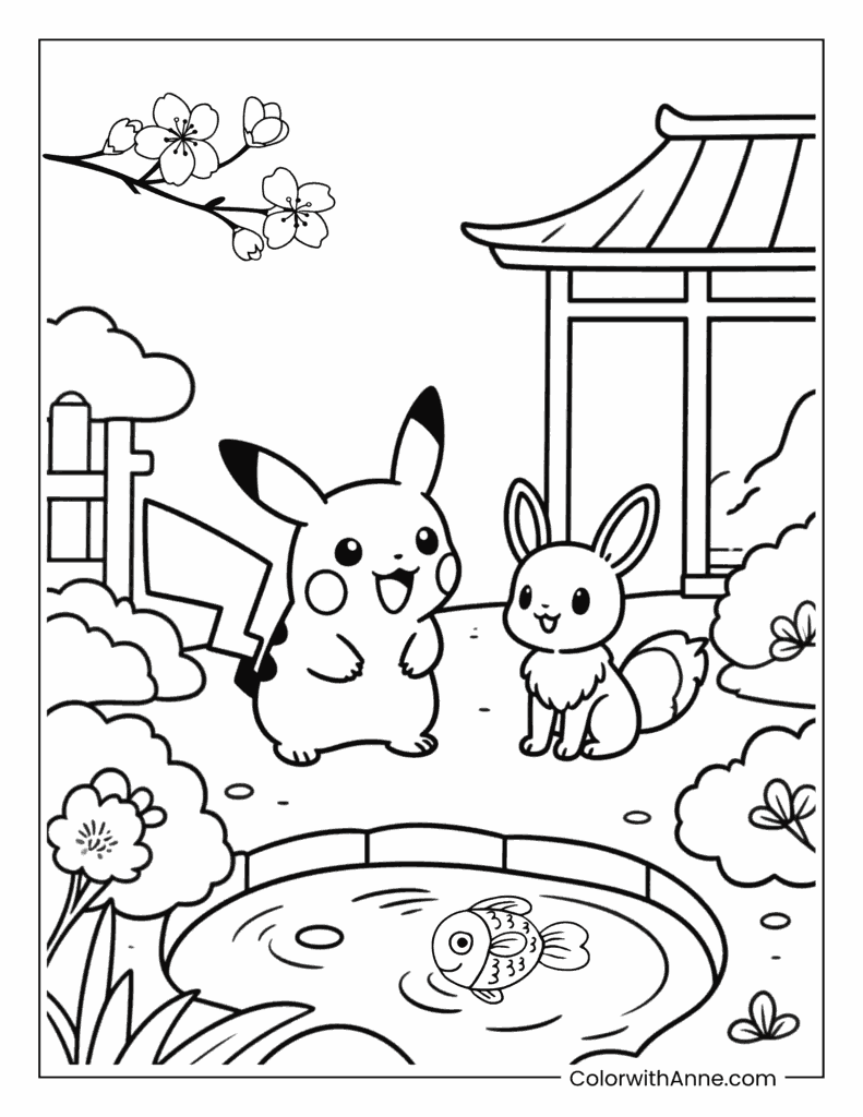 Pikachu and Eevee in a Japanese Garden Coloring Page