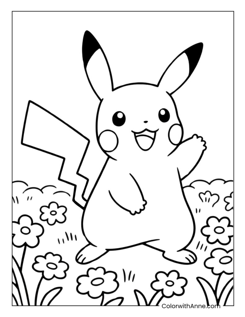 Pikachu in a Flower Field Coloring Page
