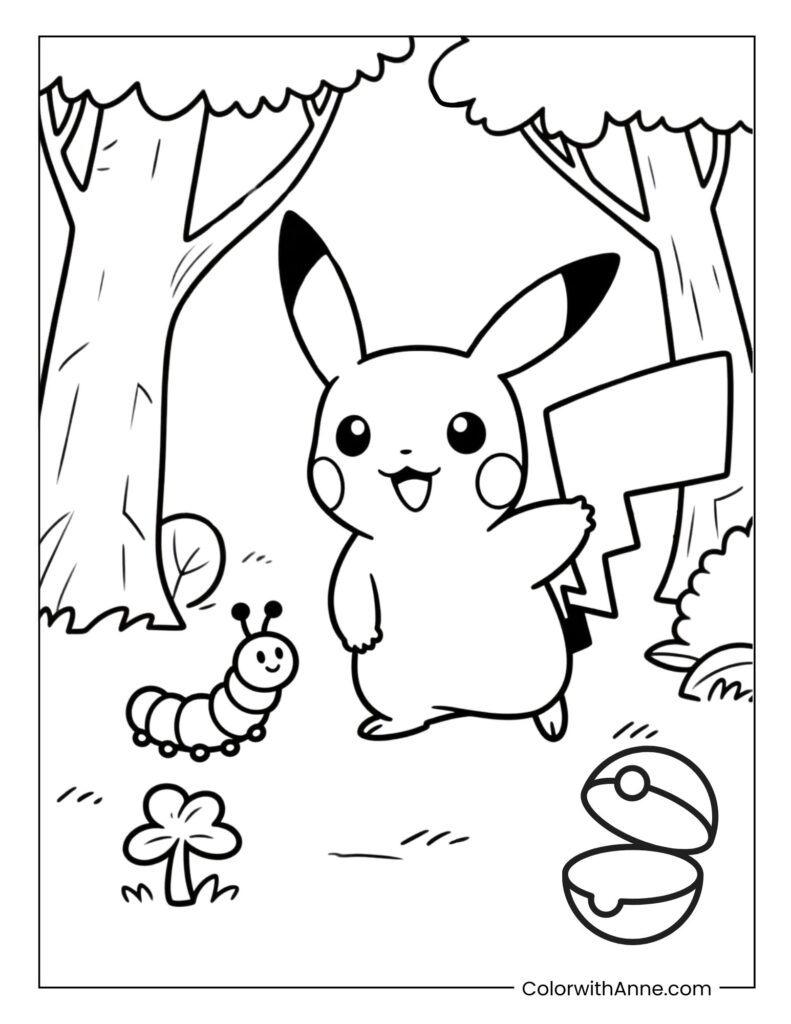 Pikachu in the Forest Coloring Page