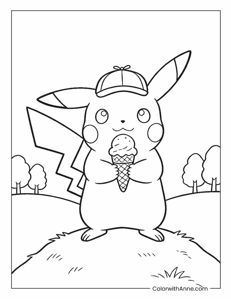 Pikachu with Ice Cream Cone Coloring Page