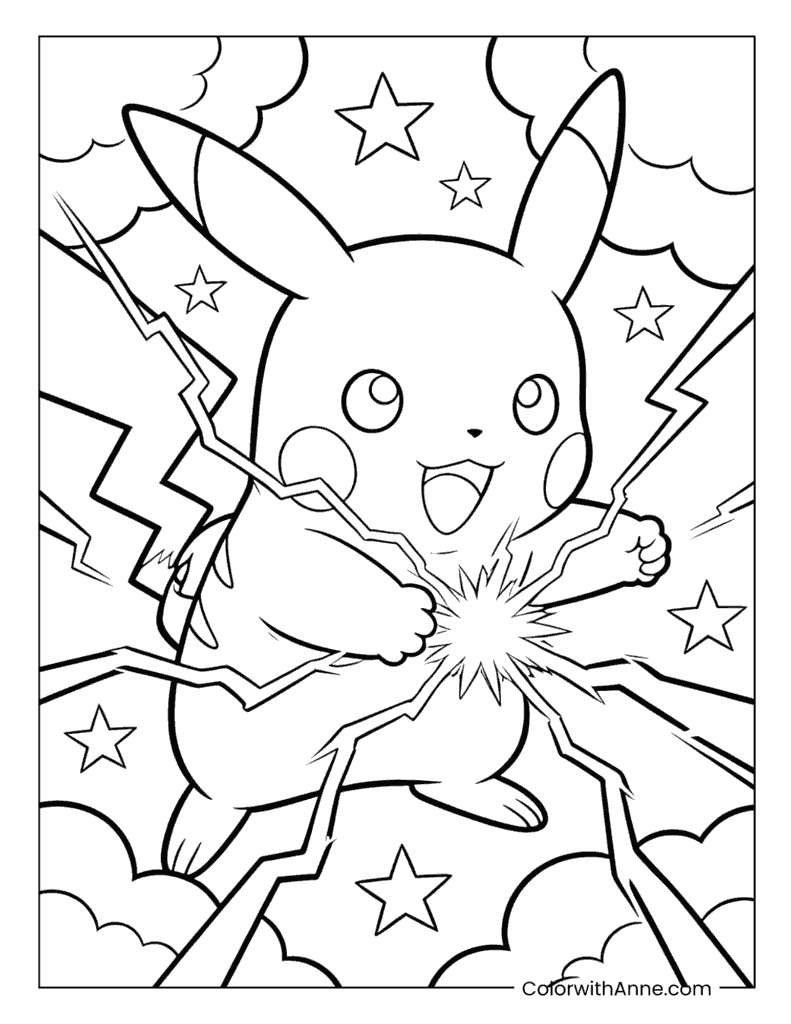 Pikachu with Thunderbolt Coloring Page