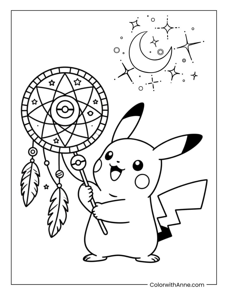 Pikachu's Mystical Dreamcatcher Coloring Page