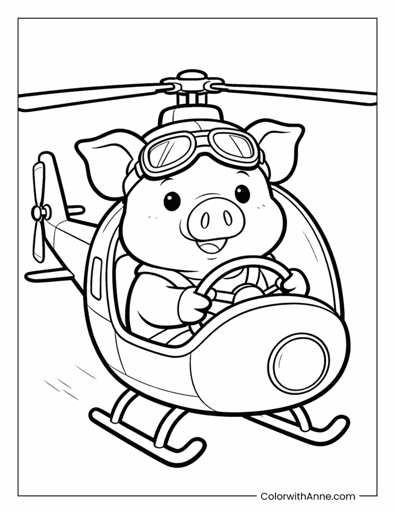 Pilot Pig Flying a Helicopter Coloring Page