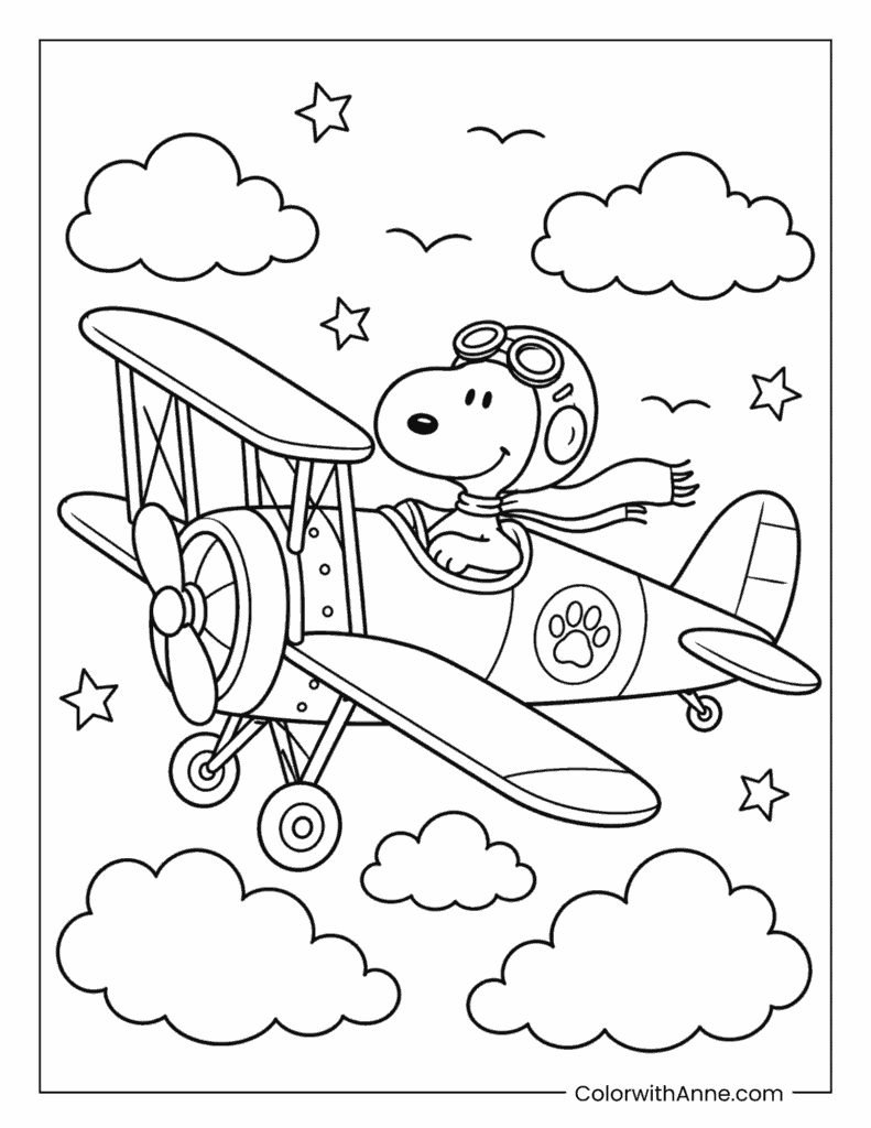Pilot Snoopy Flying a Biplane Through the Clouds Coloring Page