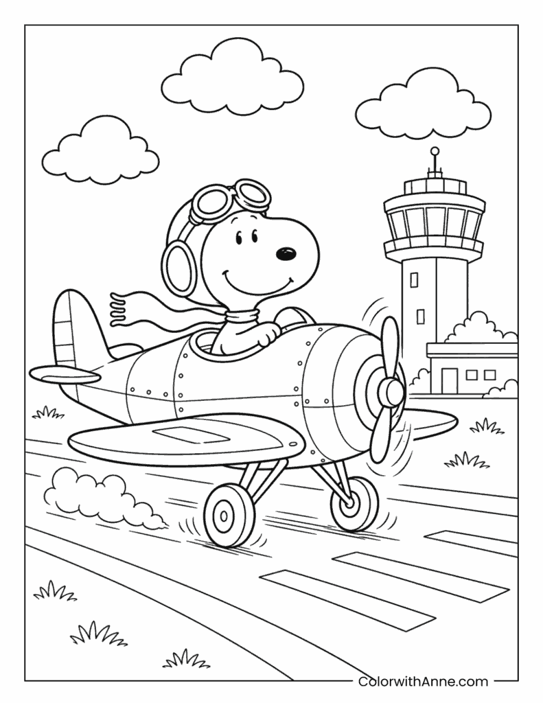 Pilot Snoopy Flying an Airplane from the Airport Coloring Page