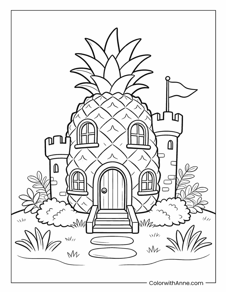 Pineapple House with Turrets Fantasy Coloring Page