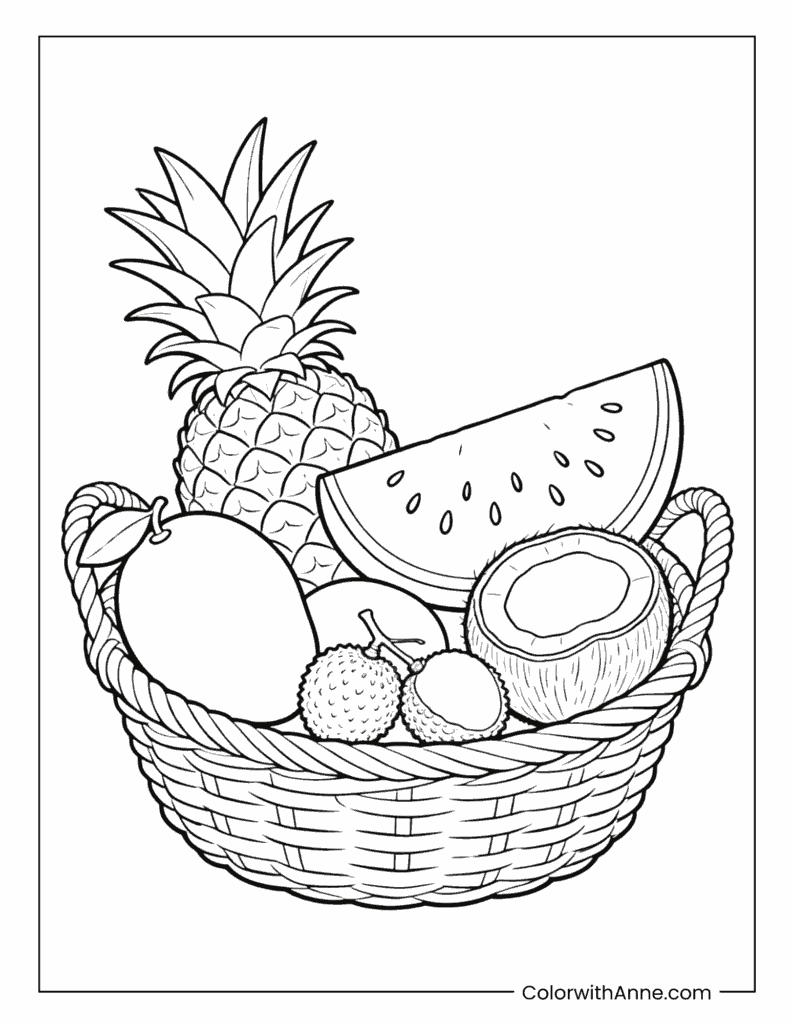 Pineapple in a Basket of Tropical Fruits Coloring Page