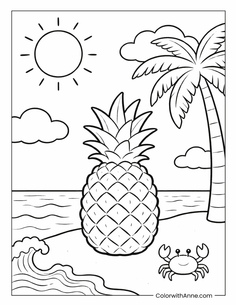 Pineapple on Tropical Beach Coloring Page