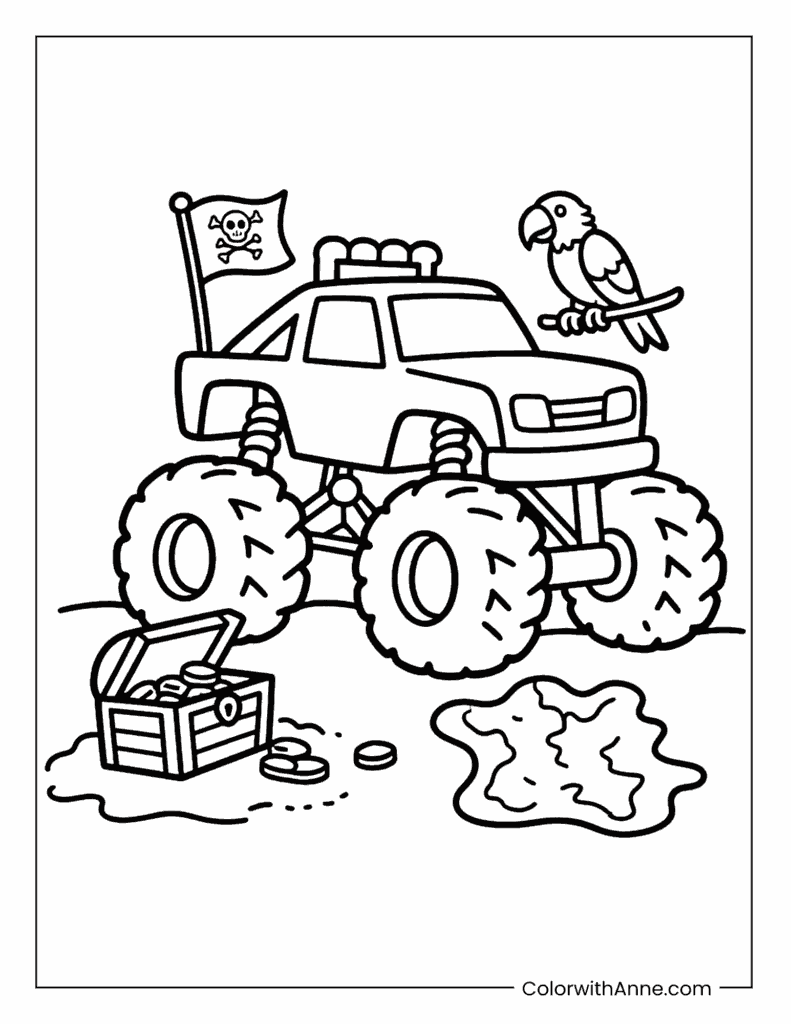 Pirate Monster Truck with Treasure Chest Coloring Page