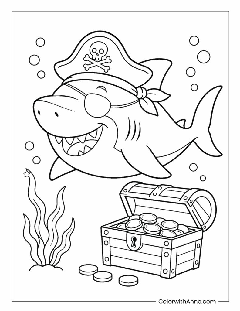Pirate Shark with a Treasure Chest Coloring Page