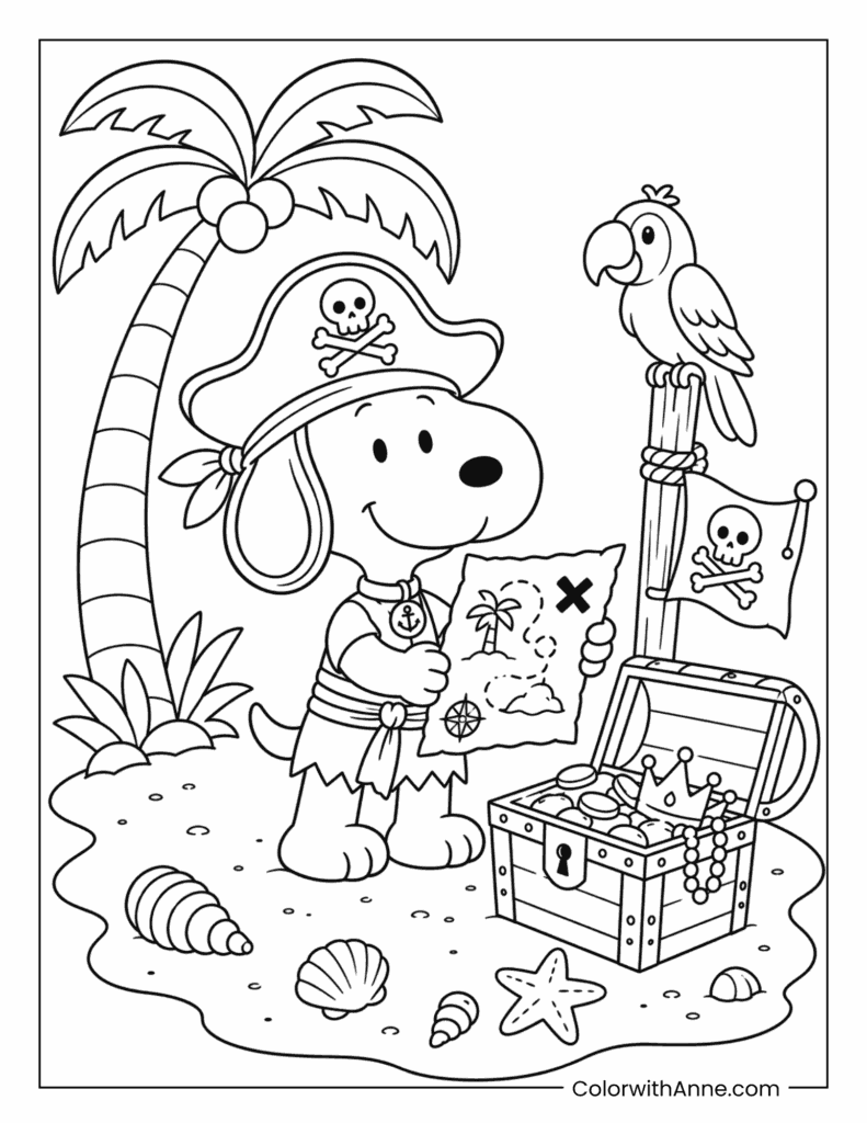 Pirate Snoopy Discovering a Treasure Chest on a Tropical Island Coloring Page