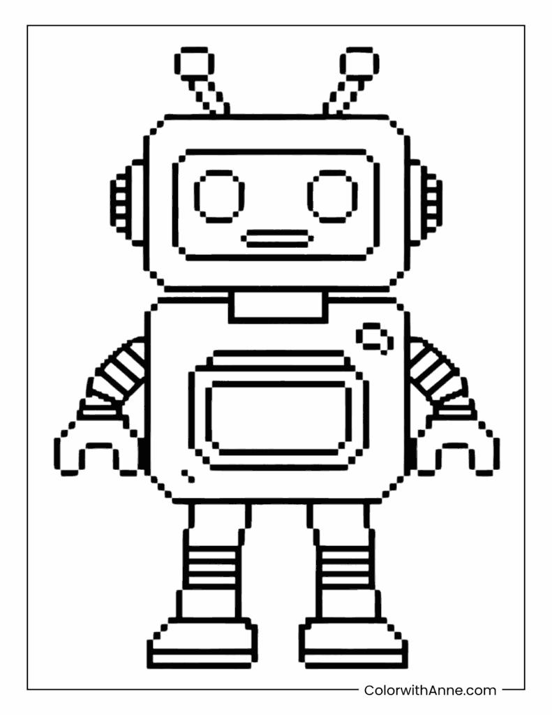 Pixel Art Video Game Style Robot Coloring Page