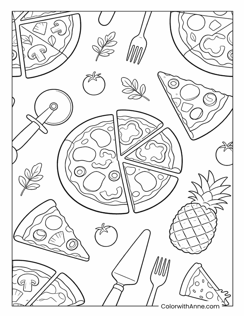 Pizza Party with Slices, Cutter Coloring Page