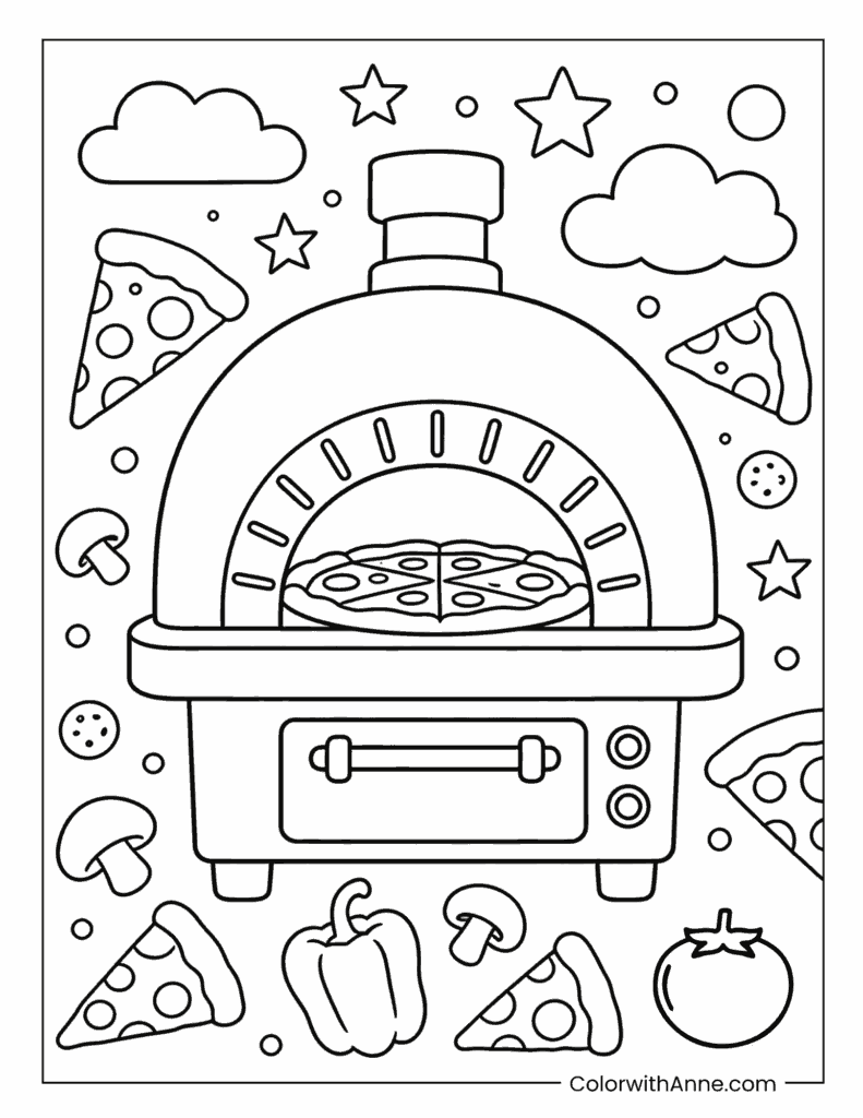 Pizza in the Oven with Fun Kitchen Scene Coloring Page