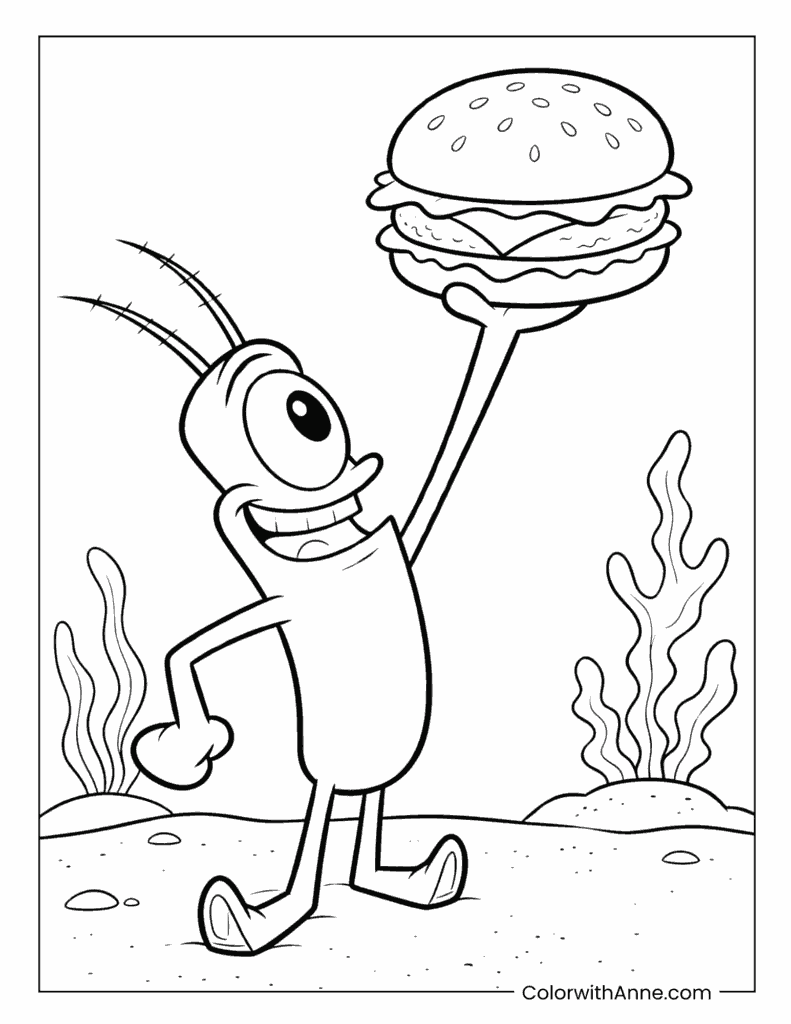 Plankton Holding a Krabby Patty Coloring Page