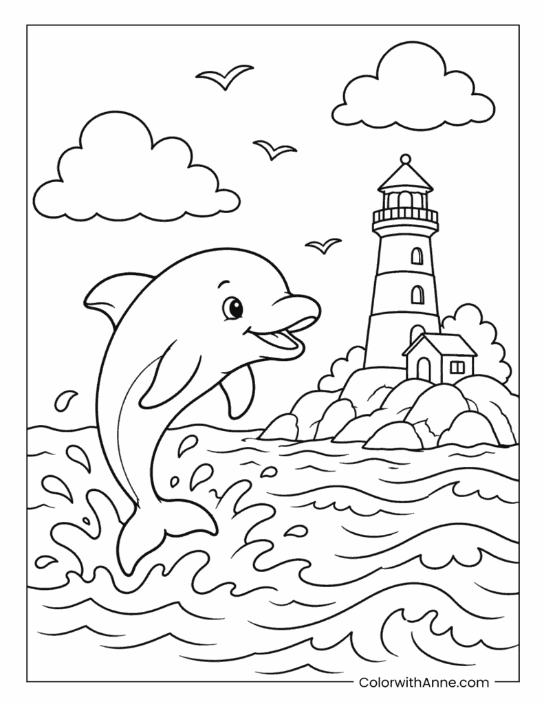 Playful Dolphin Jumping Near a Lighthouse Coloring Page