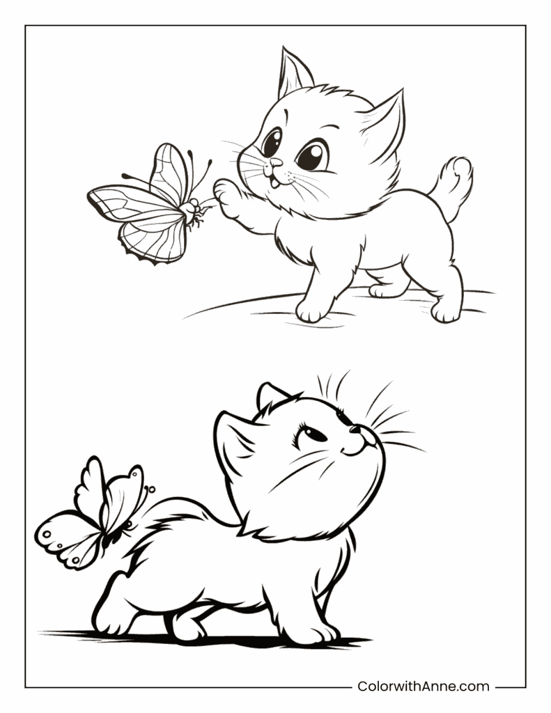 Playful Kitten Chasing Butterflies Coloring Page