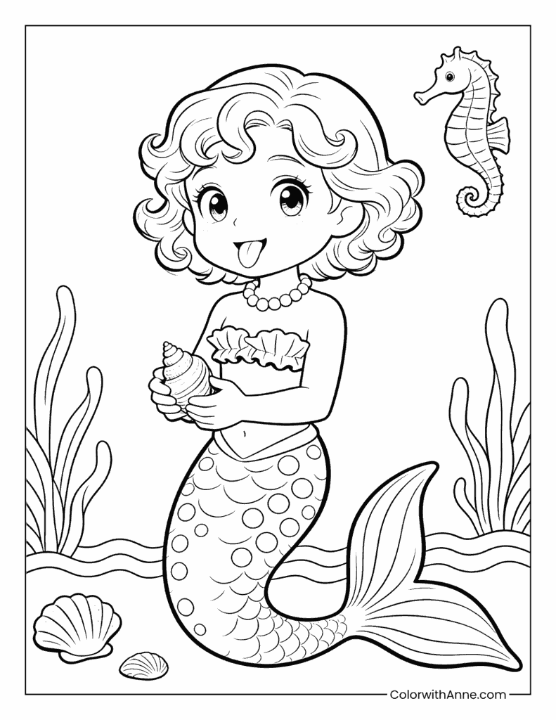 Playful Mermaid Holding a Conch Shell Coloring Page