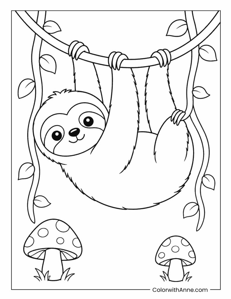 Playful Sloth Hanging from a Vine Above Mushrooms Coloring Page