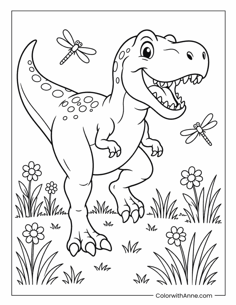 Playful T-Rex Chasing Dragonflies in a Flower Field Coloring Page