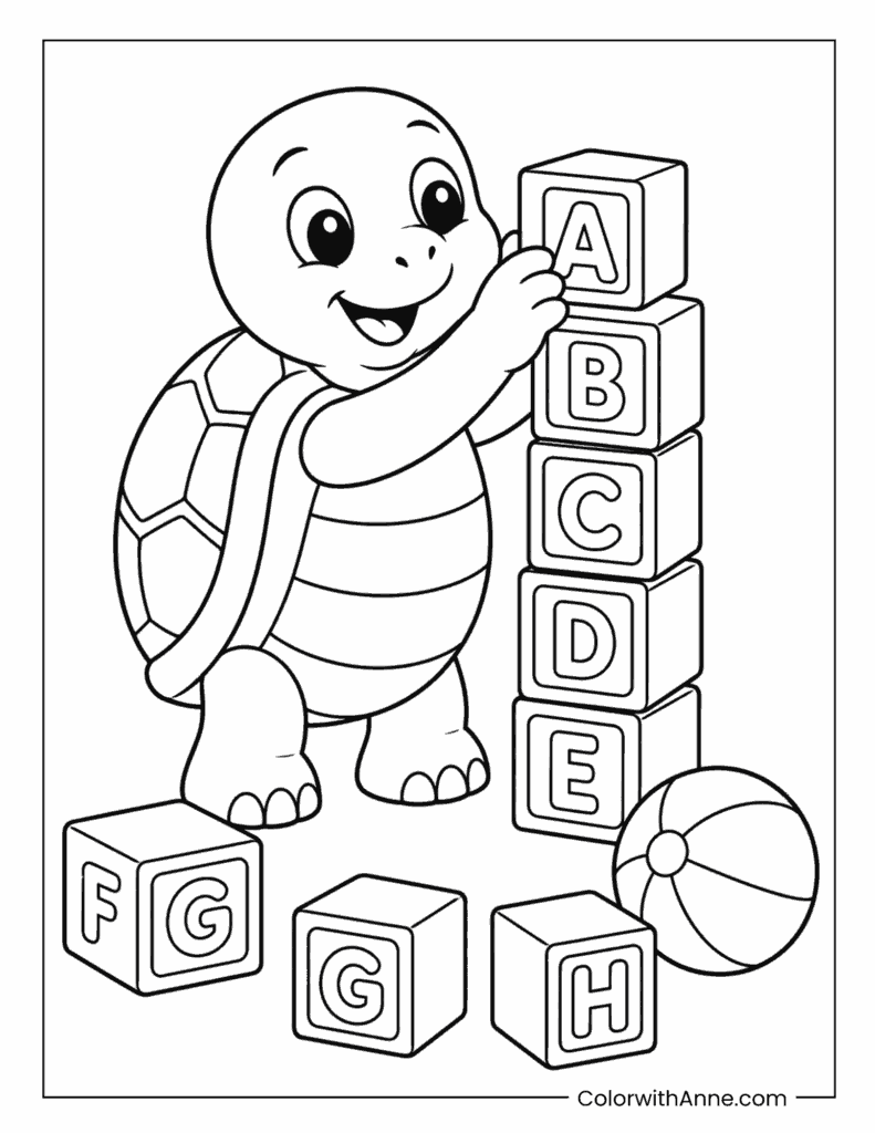 Playful Turtle Stacking Alphabet Blocks Coloring Page