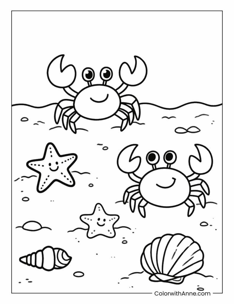 Playful crabs, starfish, and seashells on the beach sand Coloring Page