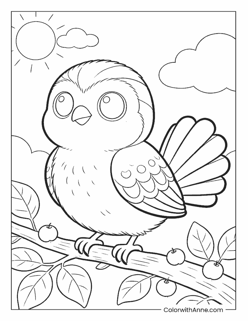 Plump Bird on a Berry Branch Bird Coloring Page