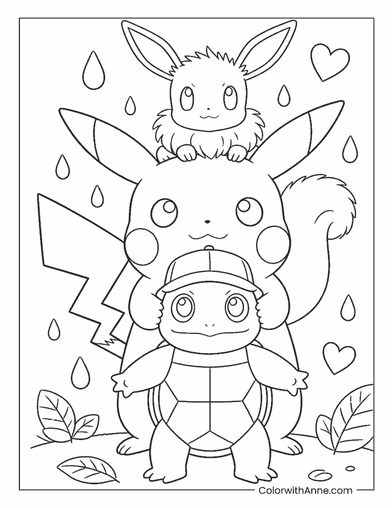 Pokémon Friends Pikachu, Eevee, and Squirtle Coloring Page