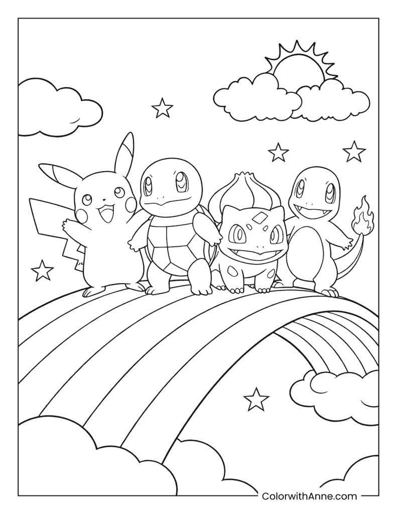 Pokémon Friends Pikachu, Squirtle, Bulbasaur, and Charmander on a Rainbow Coloring Page