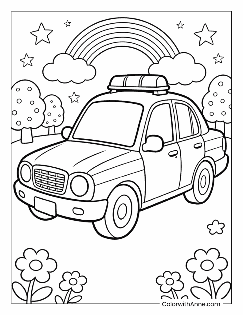 Police Car Under a Rainbow with Trees and Flowers Coloring Page