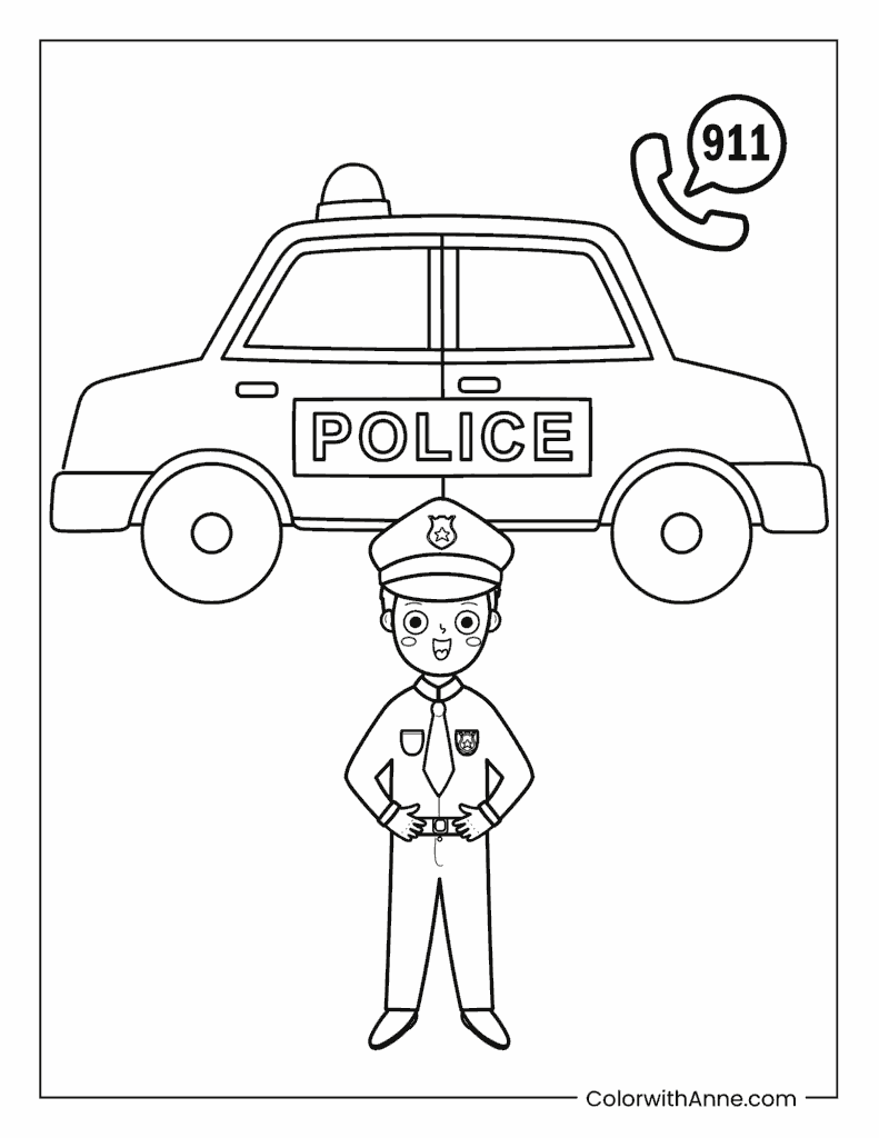 Police Car and Police Officer Coloring Page