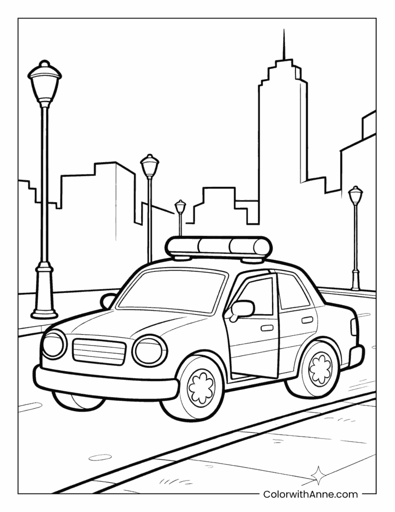 Police Car in a City Street Coloring Page