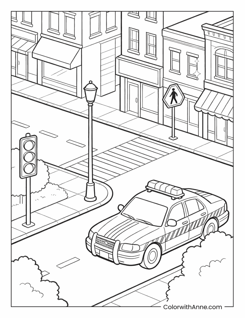Police Car on a Busy City Street with Shops Coloring Page