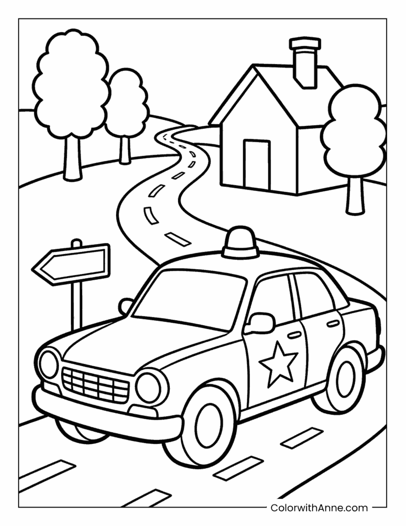Police Car on a Country Road Coloring Page