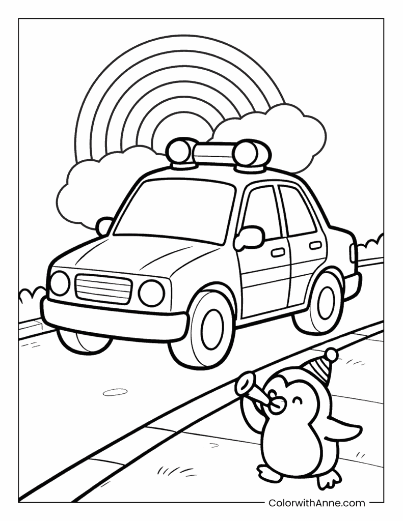 Police Car with Penguin and Rainbow Coloring Page