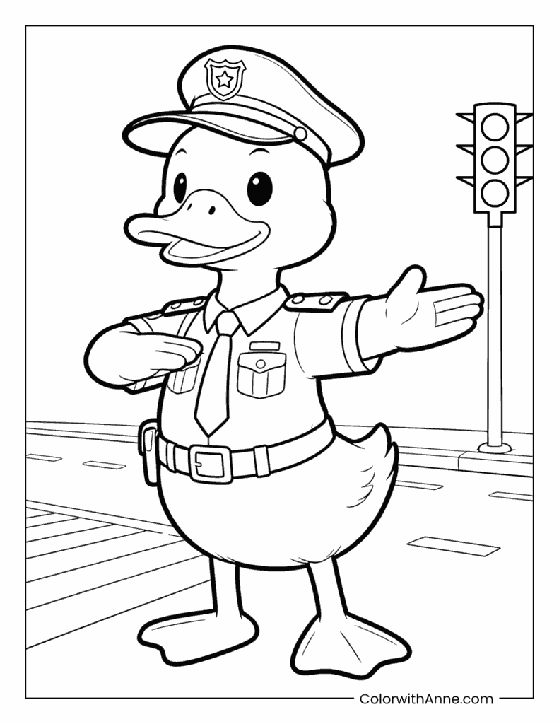 Police Officer Duck Directing Traffic Coloring Page