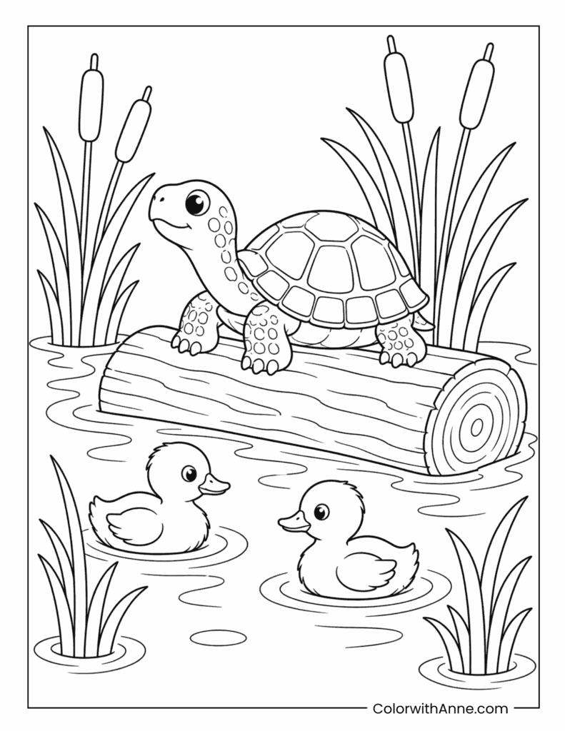Pond Turtle on a Log with Ducklings Coloring Page