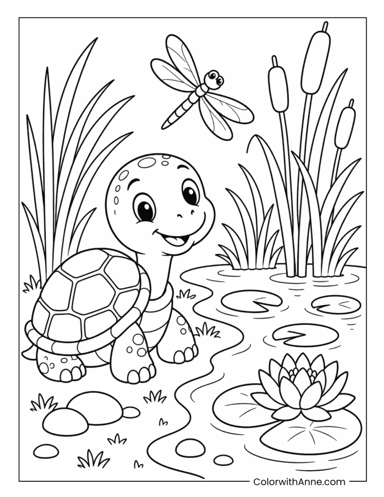 Pond Turtle with Dragonfly and Water Lilies Coloring Page
