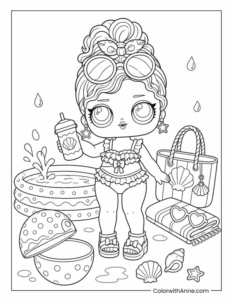 Poolside Doll with Toys and Accessories Coloring Page