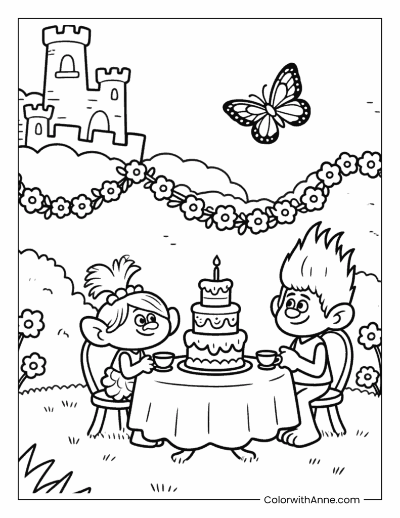 Poppy and Branch Having a Tea Party Coloring Page