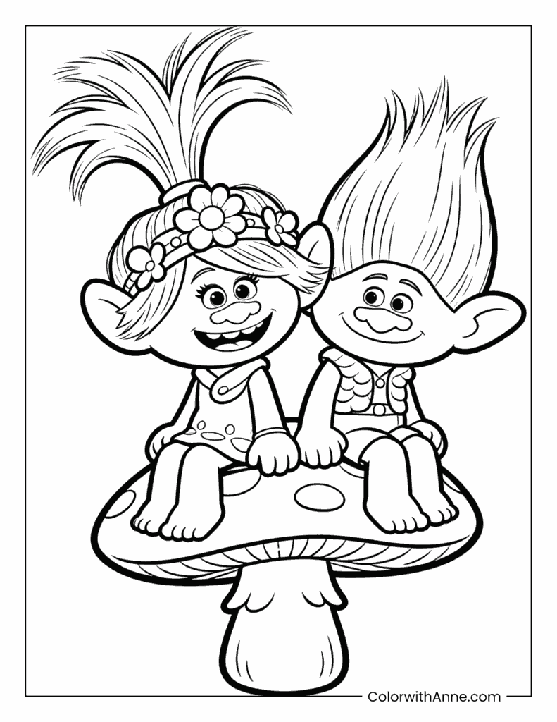 Poppy and Branch Sitting on a Mushroom Trolls Coloring Page