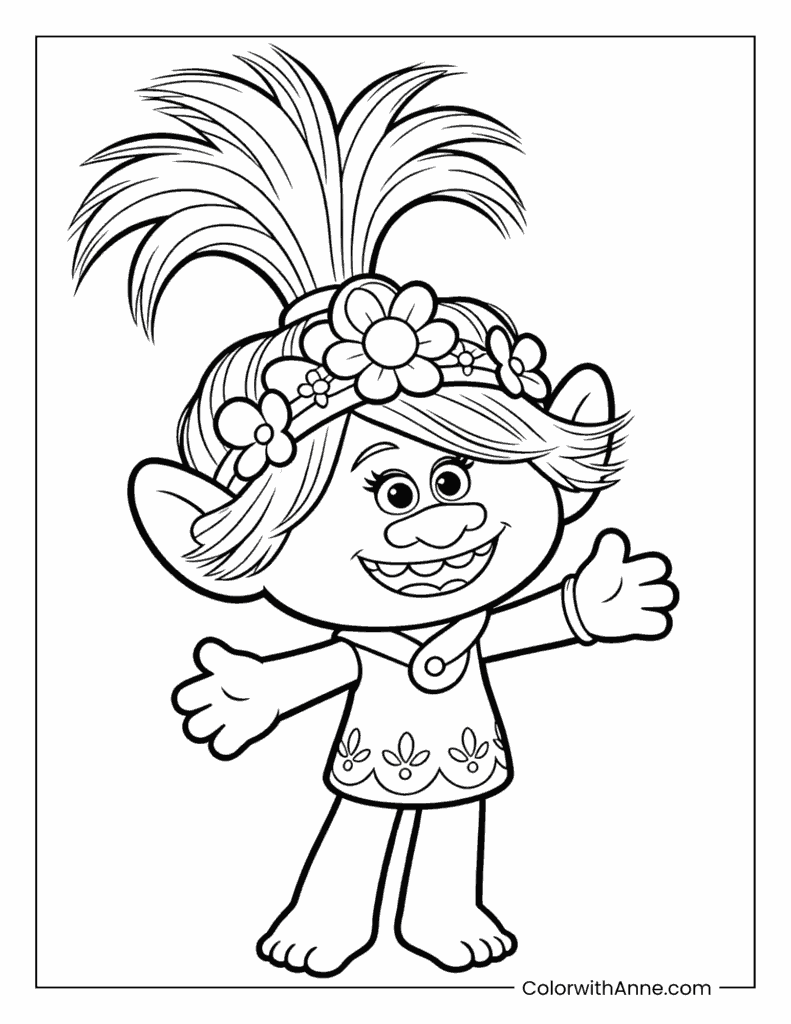 Poppy with a Flower Tiara Smiling Trolls Coloring Page