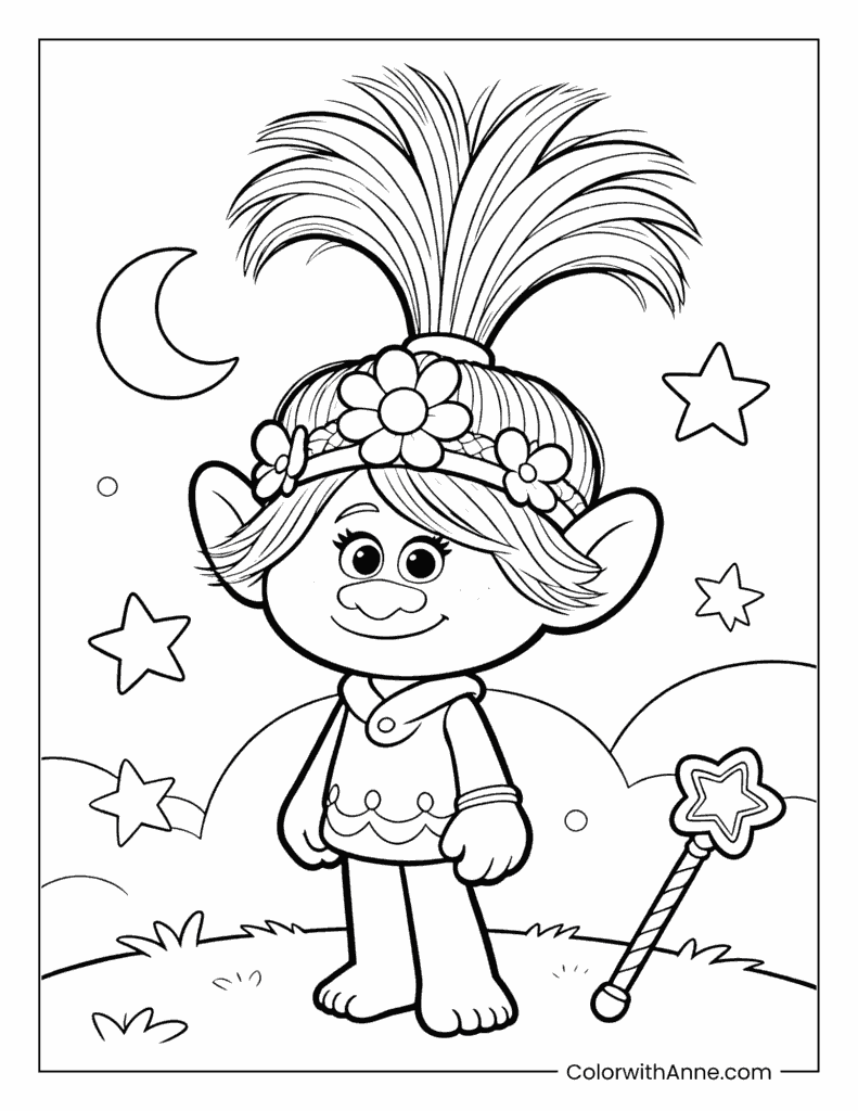 Poppy with a Magic Wand Under the Moon Trolls Coloring Page