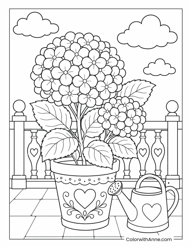 Potted Hydrangeas with Watering Can Coloring Page