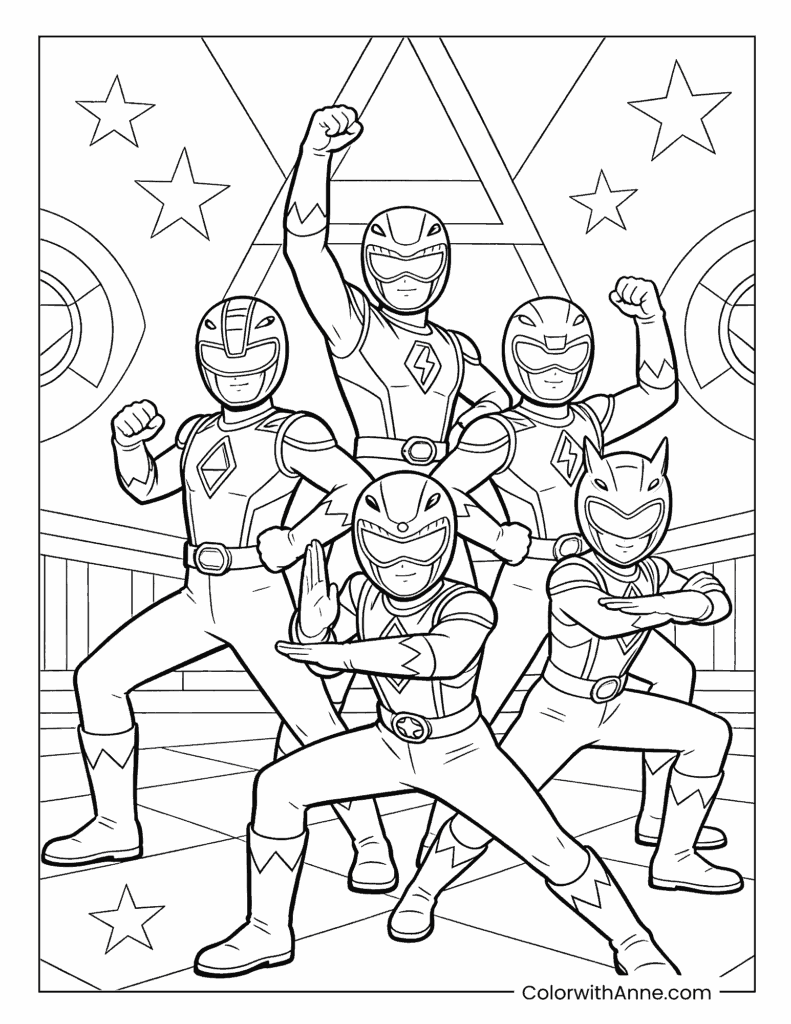 Power Ranger Squad with Leader Celebrating Coloring Page