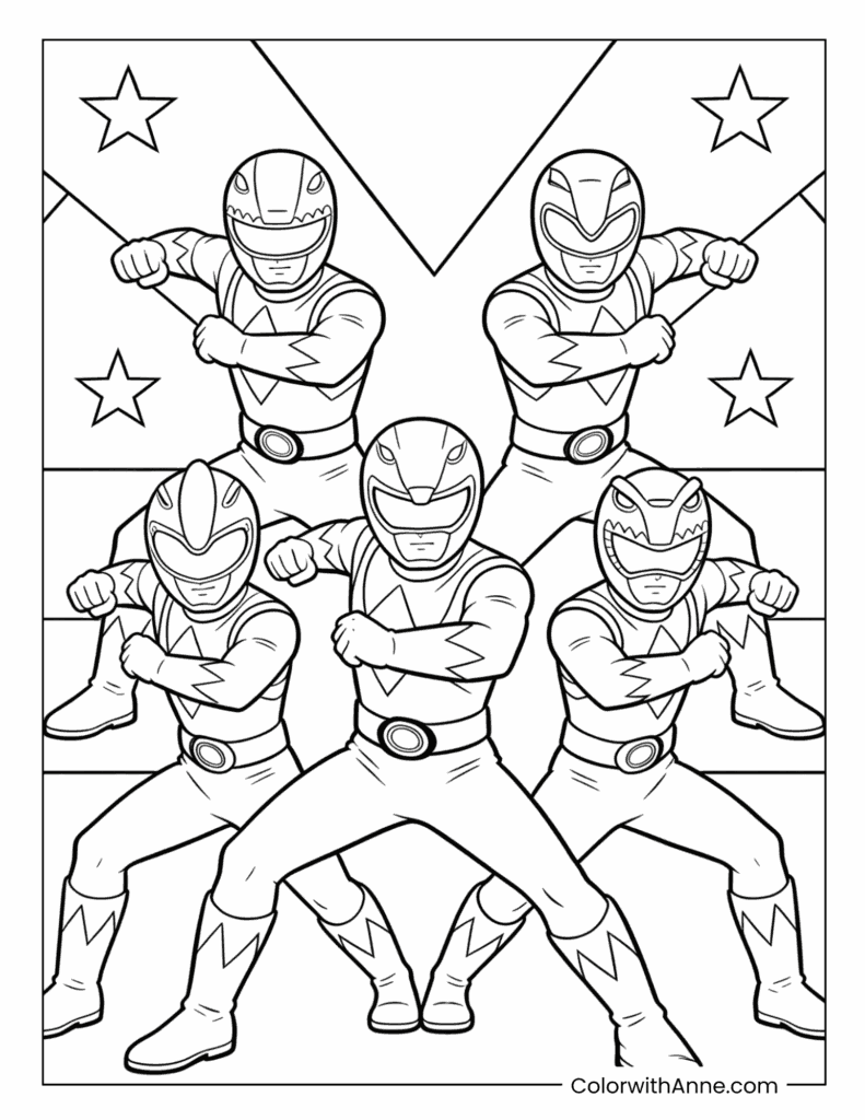 Power Ranger Team in Action Pose Coloring Page